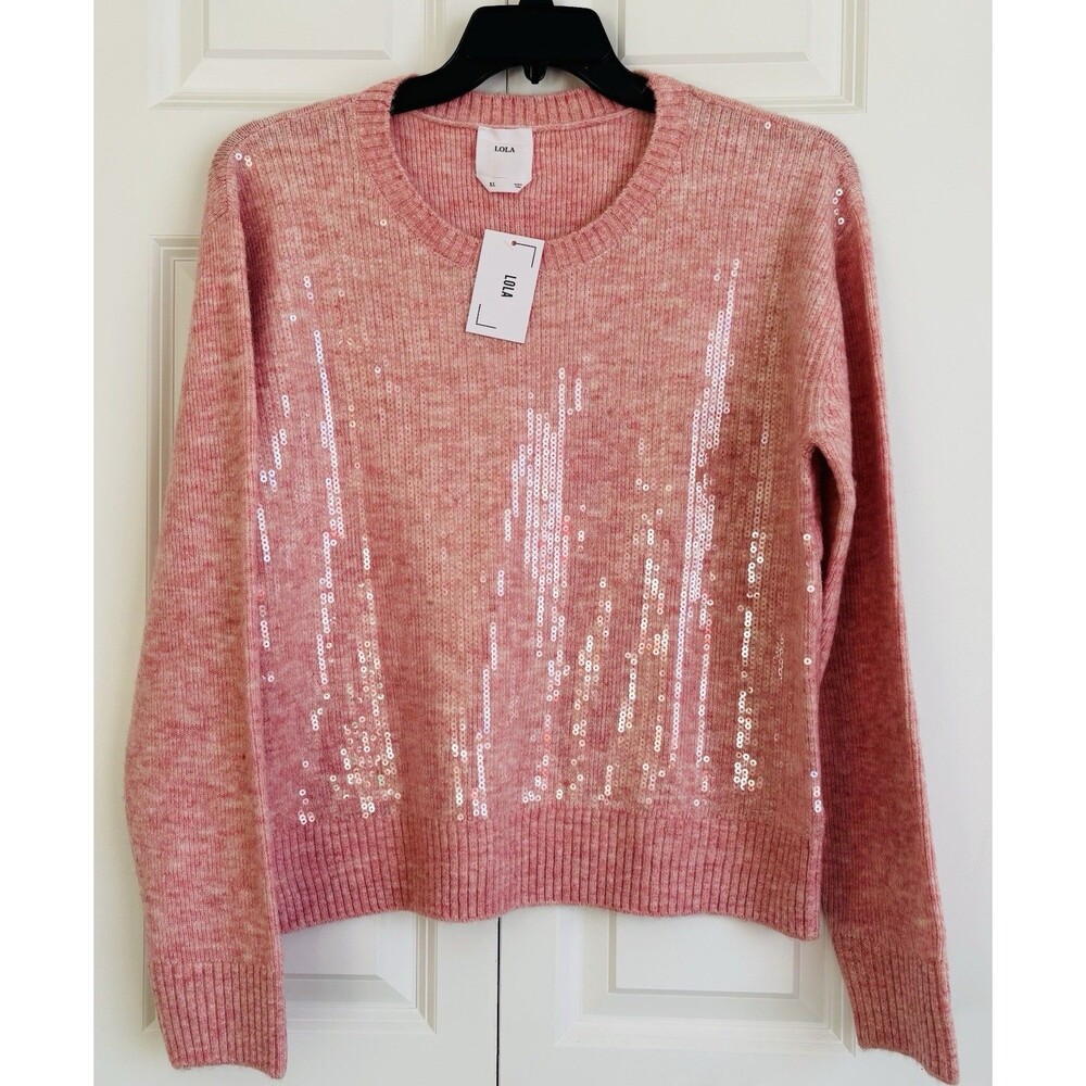 LOLA SWEATER KNIT PINK SEQUIN SIZE XL PULLOVER CREW NECK LONG SLEEVE